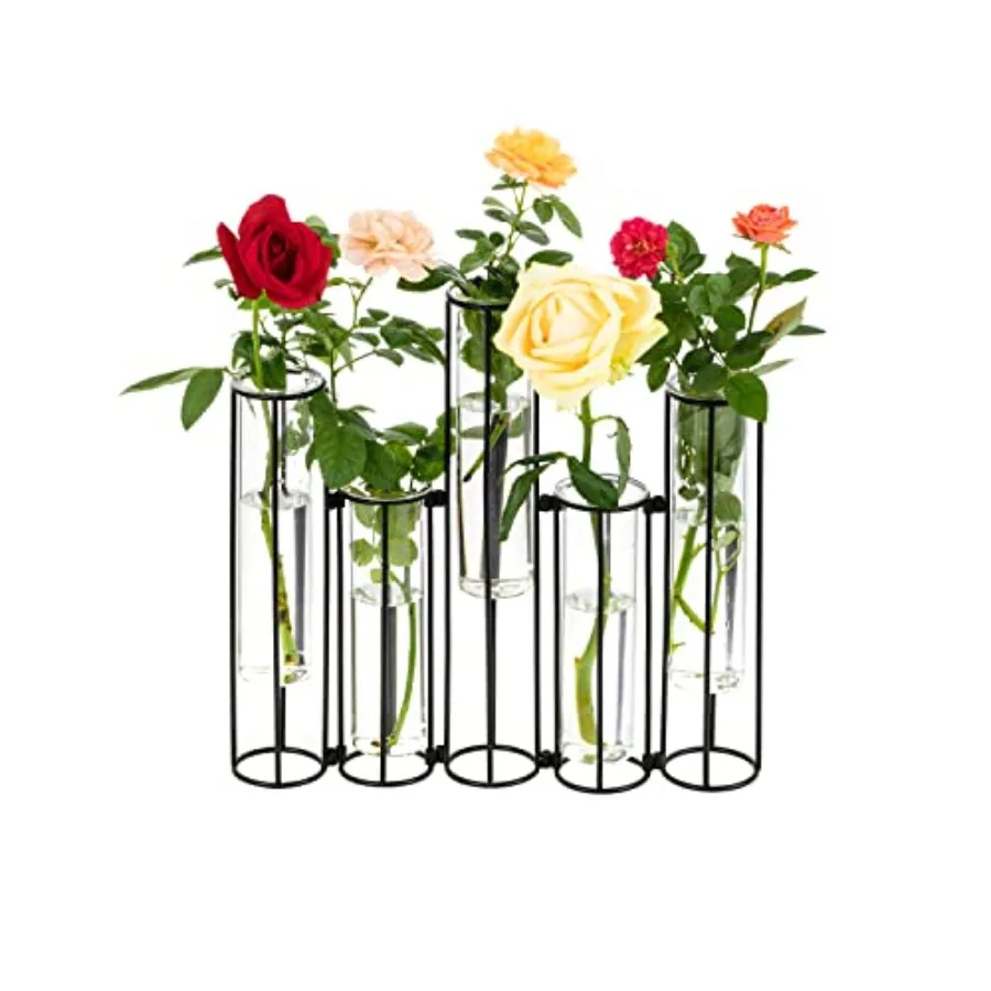

Glass Test Tubes Vase with Stand for Flowers, Hinged Bud Vase with Metal Stand Racks Hydroponic Set of 5, Adjustable Pipe Plant