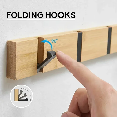 Imagen 2 del producto Gancho de baño Invisible de bambú plegable, ganchos colgantes de madera, perchas para abrigos y toallas, troncos para el hogar, soporte de fila de Color blanco antiguo