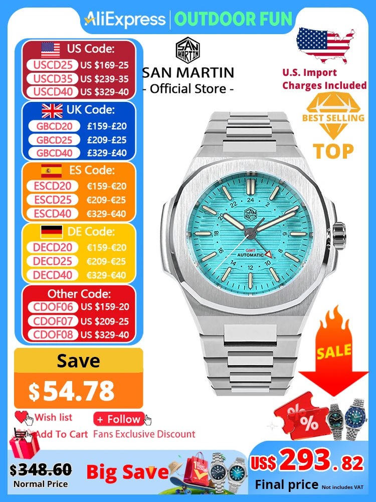 

Мужские часы San Martin, новые 43 мм GMT, классические деловые роскошные автоматические механические часы для мужчин, с сапфировым стеклом, 10 бар, BGW-9, светящиеся