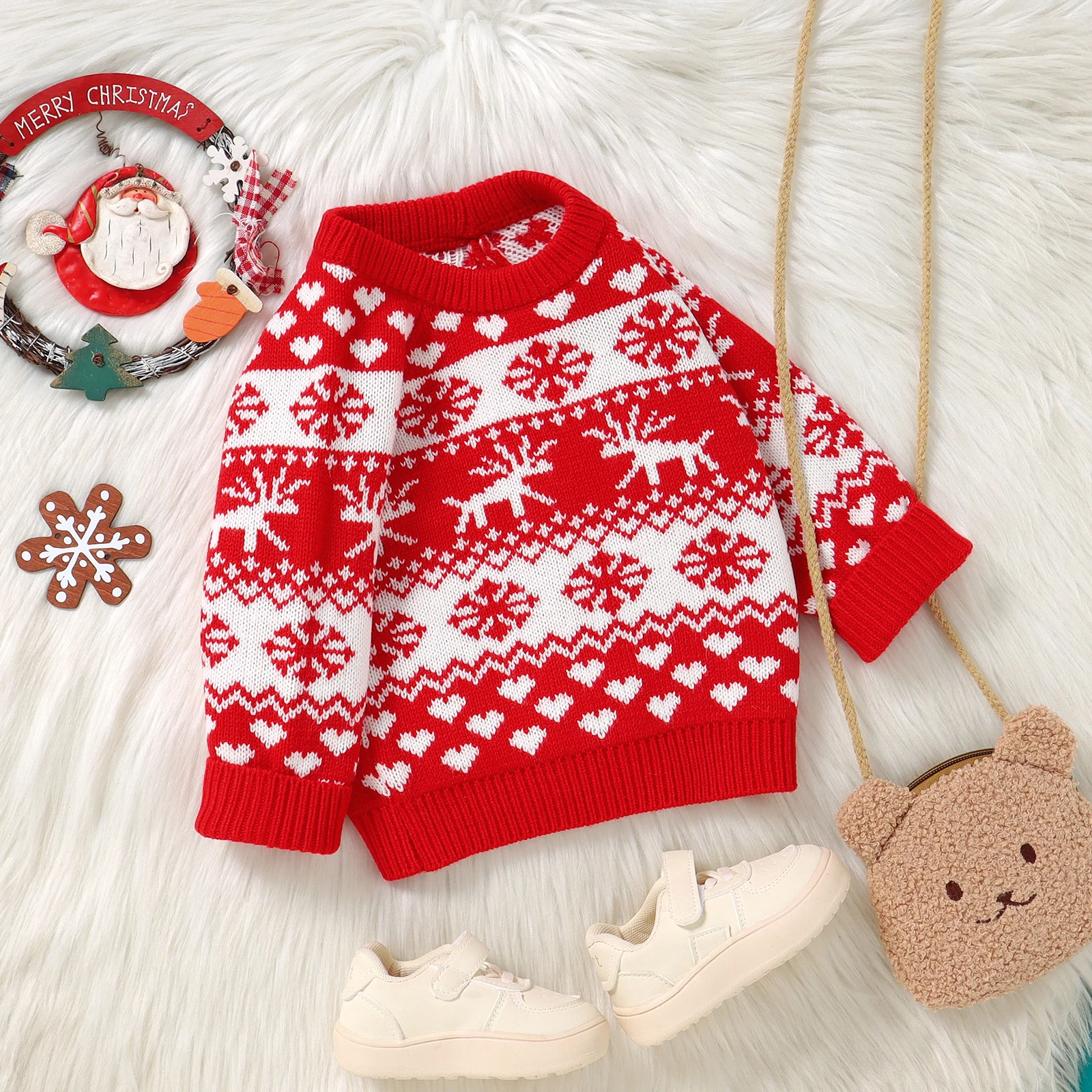 

Зимний рождественский свитер для маленьких девочек, вязаные свитера с длинными рукавами и круглым вырезом, оленей, снежинок, топы с вышивкой