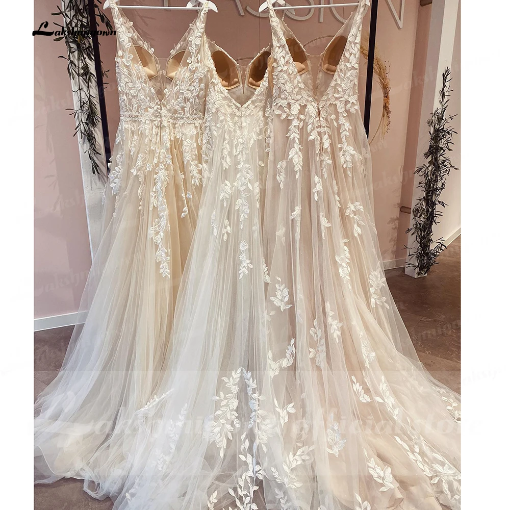 Lakshmigown scollo A V Appliques di pizzo abiti da sposa Champagne abiti da sposa una linea abito da sposa estido de noiva praiano