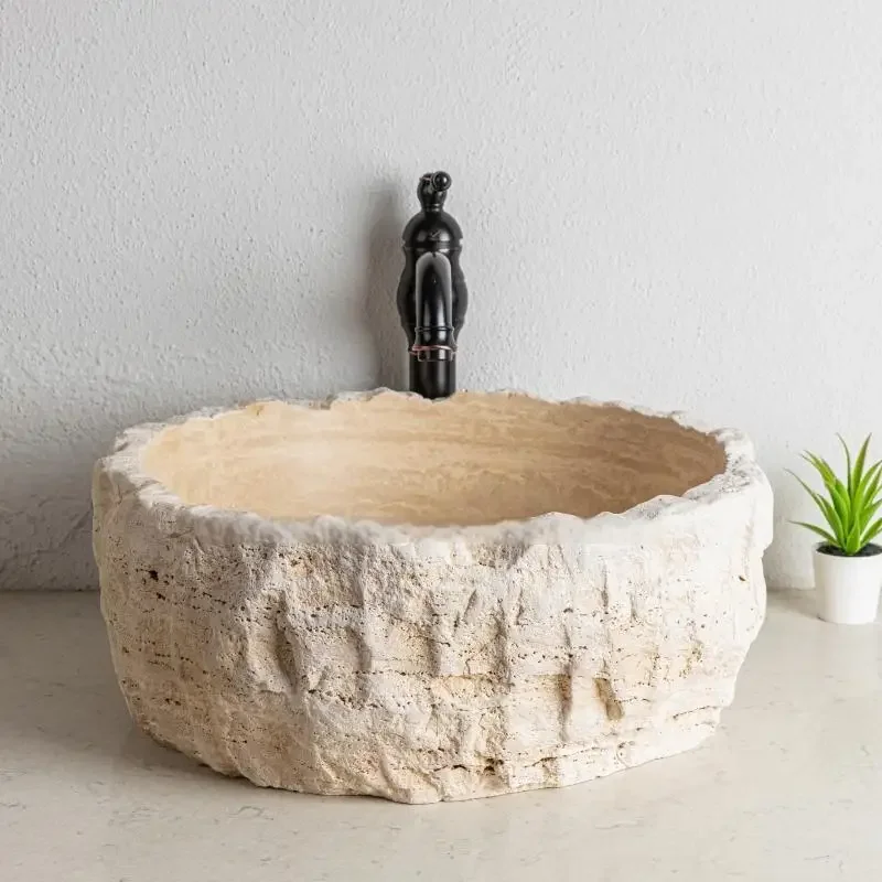 Any Size Custom Wabi Sabi Premium Natural Marble Vessel Sink Multi Stone Options Hand Chiseled Edge Rustic Bathroom Vanity Decor