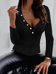 Tight Elastic V-Neck Button Top Women's Solid Color Sexy Pullover Spring Autumn Casual T-Shirt