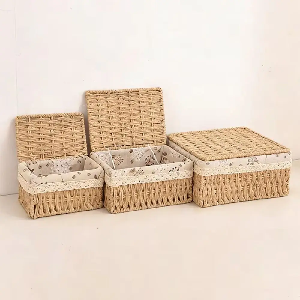 With Lid Storage Baskets Lace Trim Fabric Lining Desktop Sundries Organizer Rectangular Floral Print Liner