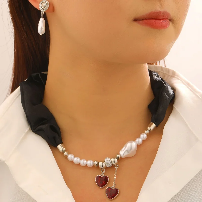 Black Ribbon Fringed Love Baroque Pearl Choker Necklace Sweet Collar Cosplay Necklace Clavicle Chain Accessories for Women Girls