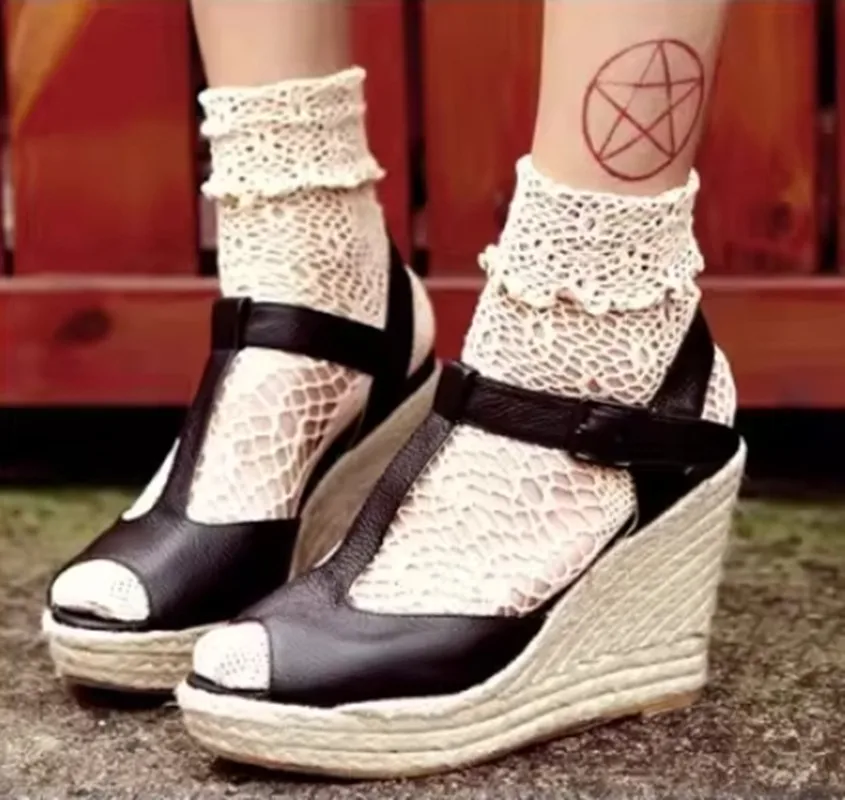 30-43 Summer Women Open Toe Shoes Princess T Strap Buckle Wedge High Heel Sandals Size 30 31 32 33 To 41 42 43
