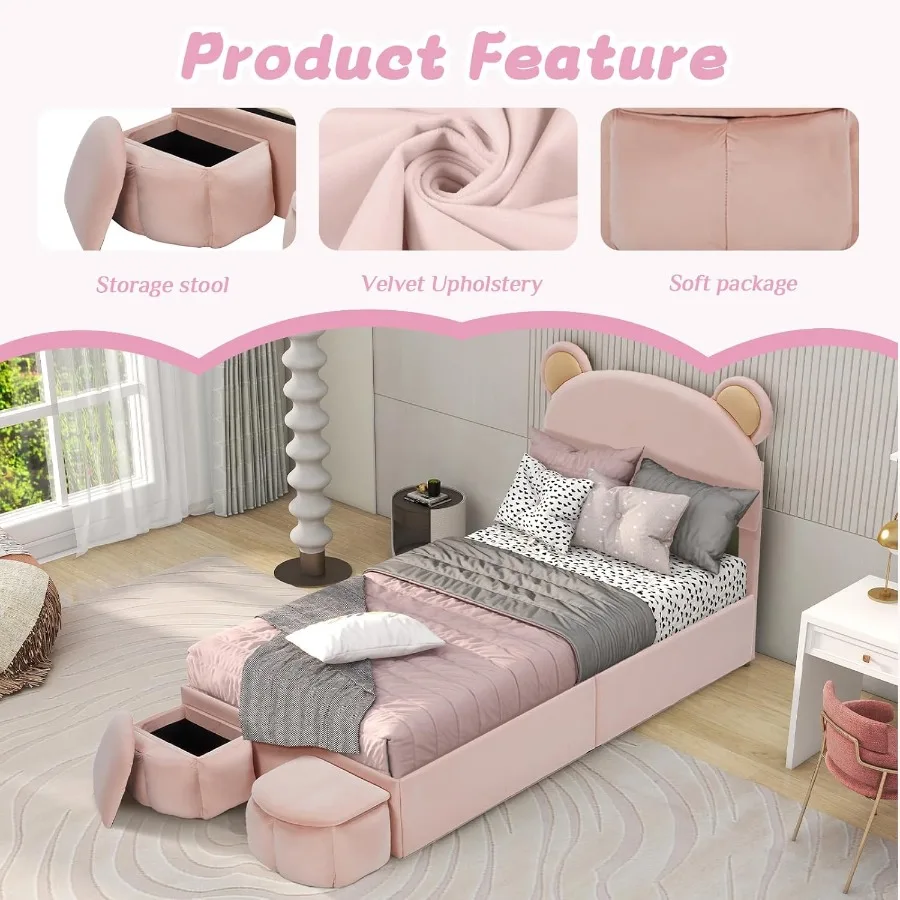 โครงเตียงแบบมีฐานรองหุ้มกำมะหยี่ขนาดทวินไซส์ พร้อมหัวเตียงรูปหูกระต่าย รวมเก้าอี้เก็บของ 2 ตัว และไฟ LED ในตัว