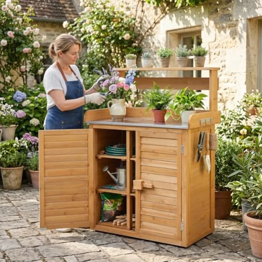 Garden Potting Bench Table with Stainless Steel Tabletop