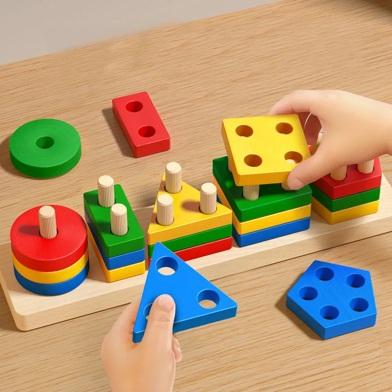 Montessori Wooden Educational Toys for Children 1 2Y Baby Shape Color Sorter Block Puzzles Toddler Large Geometric Stacking Toys