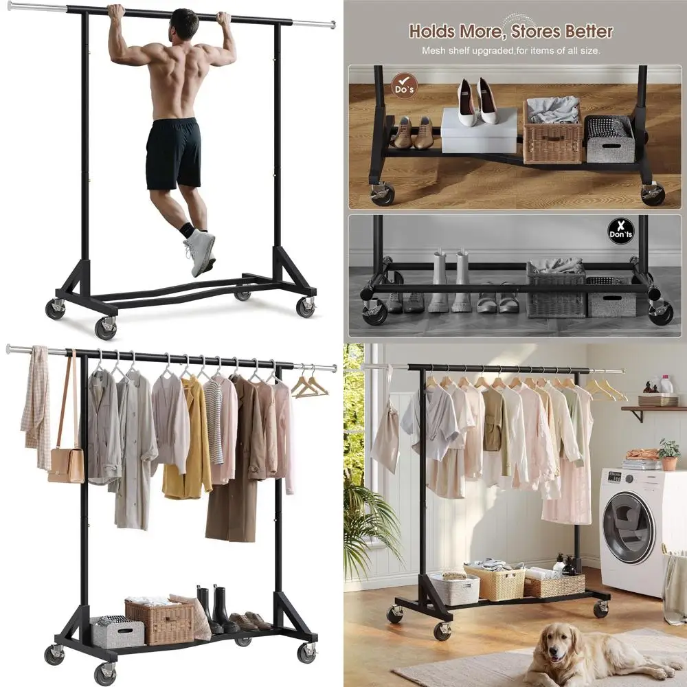 

Durable Rolling Clothes Rack with Shelves, Holds 200+ Garments, Portable, Black