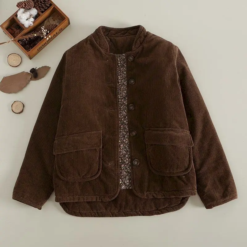 Corduroy Parka Women Autumn Winter Trend Short Warm Coats Cotton Clothes Stand Collar Vintage Single Breasted Jacket Womens Coat