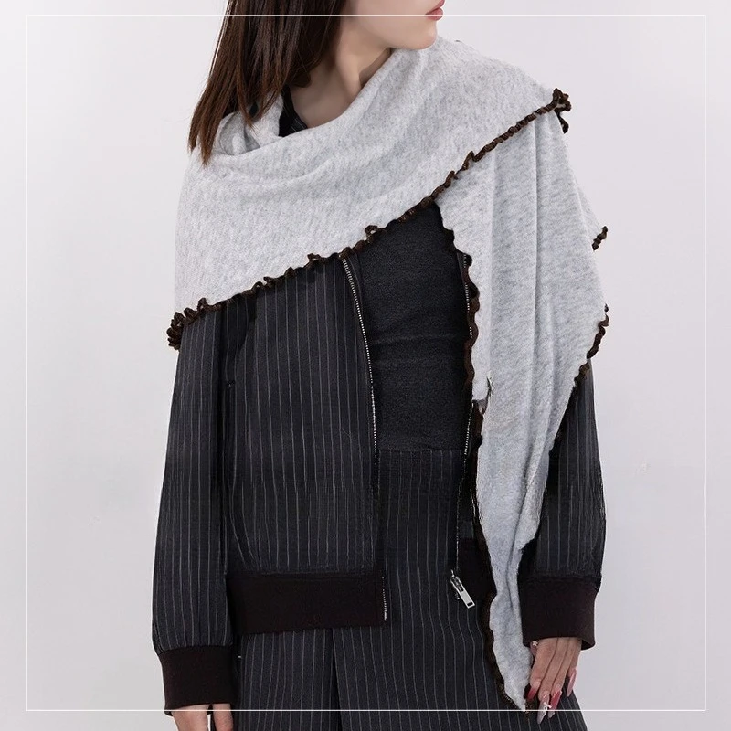 Fashion Solid Color Wool Blend Ruffle Edge Triangle Scarf Luxe Knit Cape Poncho Wrap Elegant Winter Shawl Outerwear Women