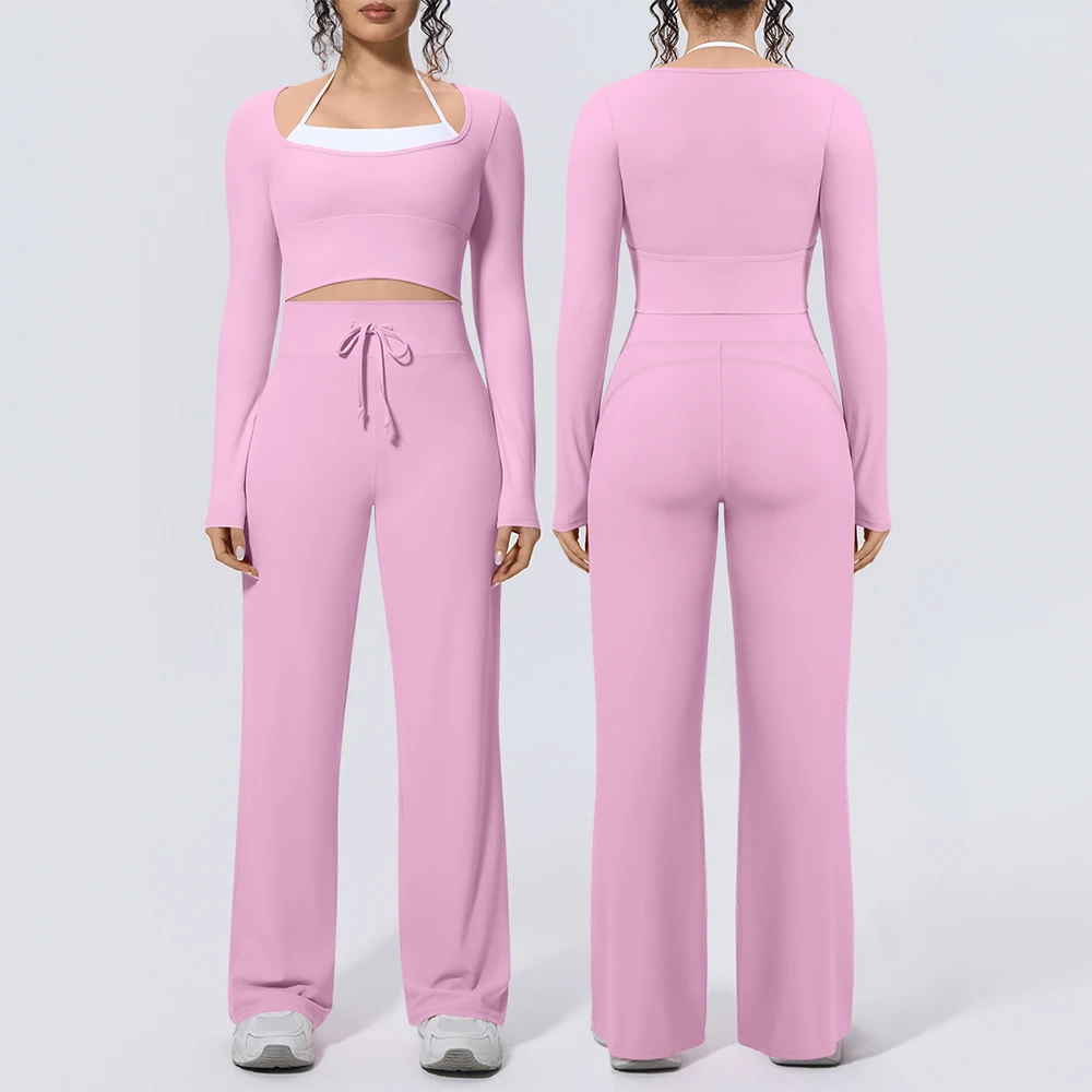 Women Yoga Suit 2PCS Square Neck Long Sleeve Crop Top High Waist Drawstring Wide Leg Pants for Workout Gym Running Fitness Set