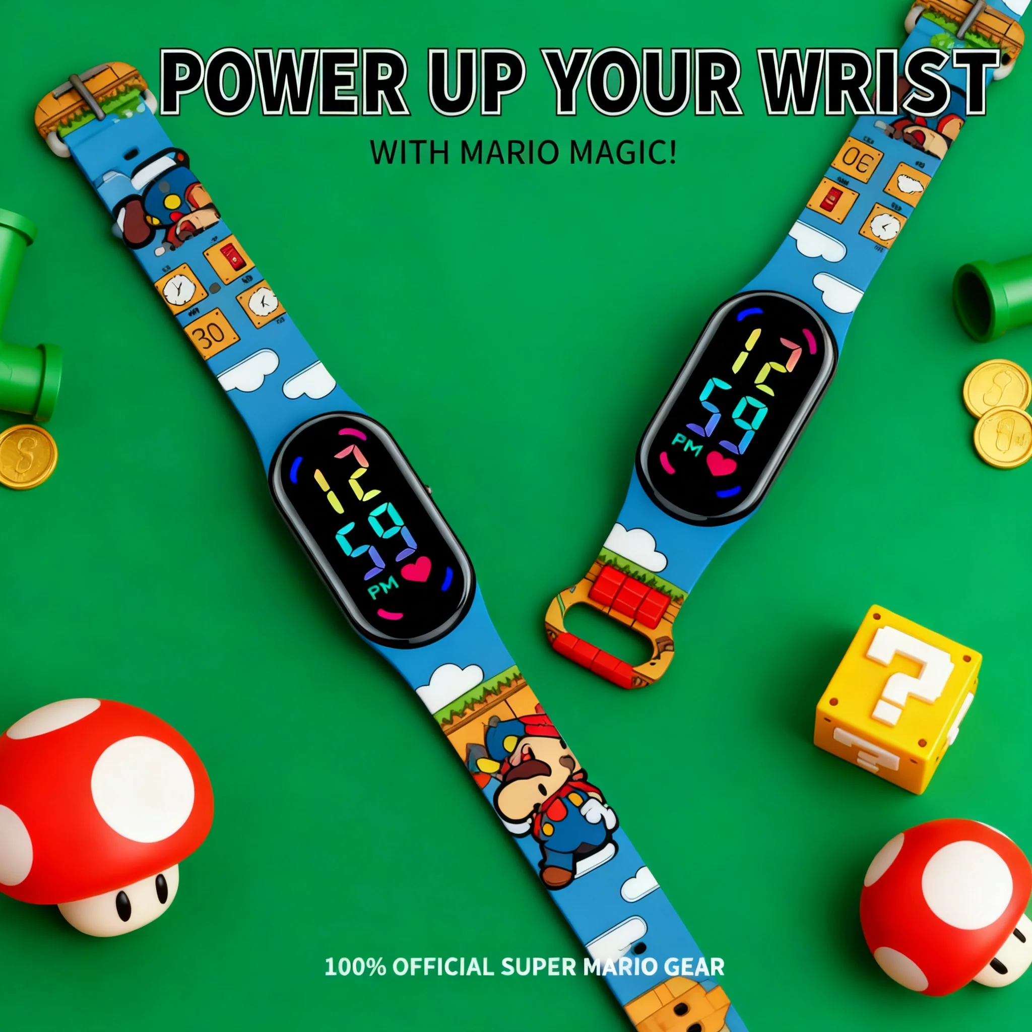 Reloj Digital Infantil de Mario Bros, Resistente al Agua, Deportivo, con Correa para Niños, Figuras de Acción de Luigi, Princesa Peach, Yoshi y Bowser