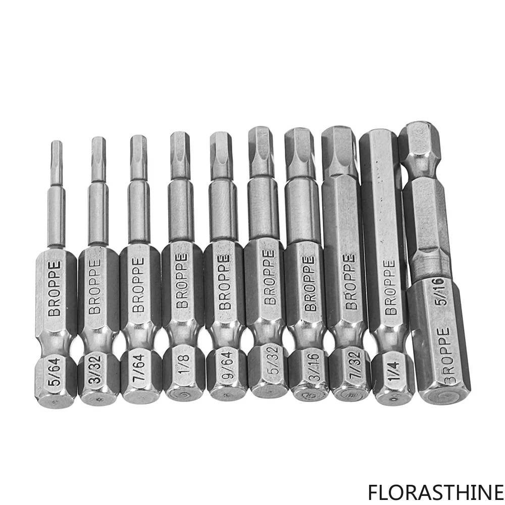 10 Pieces Broppe SAE 5/64-5/16 Inch Hex Head Screwdriver Bit 1/4 Hex Inch Handle Magnetic Screwdriver Bit Hand Tool