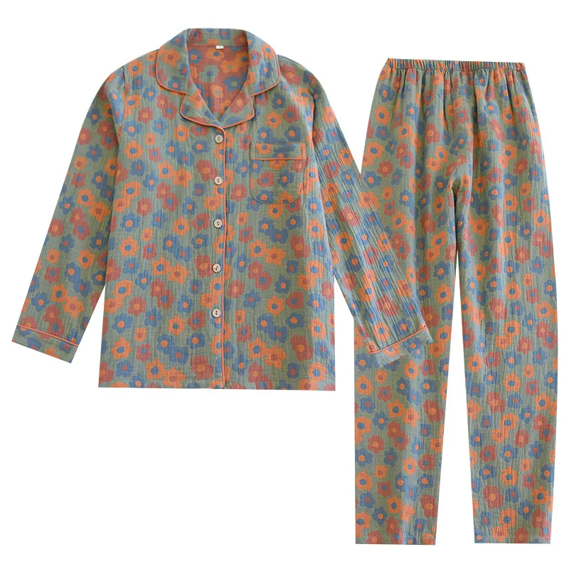 New Yarn-dyed Washed Cotton Pajamas Retro Style Ladies Plus Size Home Clothes Long Sleeve Trousers Pijama Mujer Soft Sleepwear