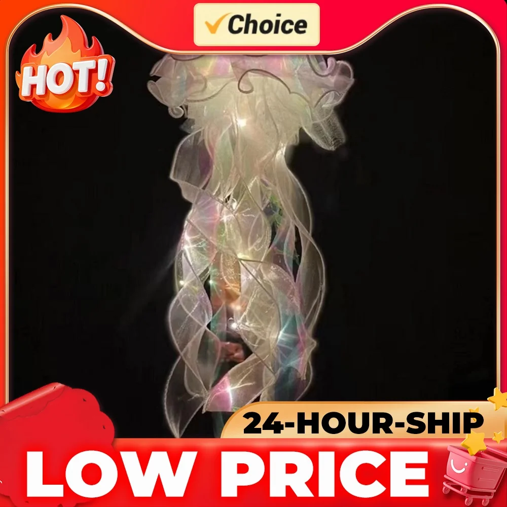 Jellyfish Sleeping Warm Light Button Battery Hanging Ceiling Lantern with Ribbon&Bead LED Bulbs for Bedroom
