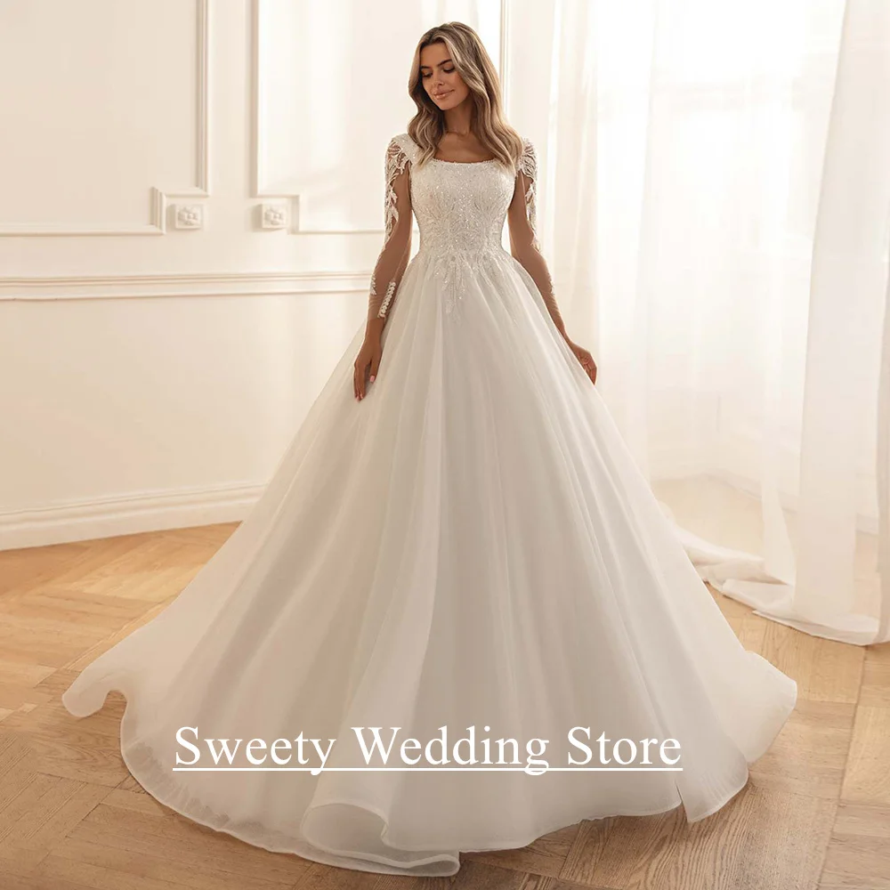 Sparkling Wedding Dress for Bride Vestido De Noiva Customized Long Sleeves Scoop Neck Beading Sequined Corset Bridal Gown