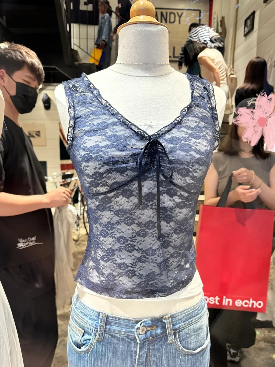 Floral Lace Mesh Sheer Navy Tank Tops Summer Bow V Neck Sleeveless Sexy See-Through Crop Top Women Streetwear Solid Slim Vests