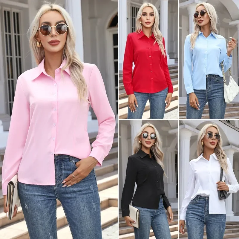 Women\'s Solid Color Long-sleeved Shirt Temperament White-collar Business Casual Commuter Shirt Slim Button Lapel Work Shirt