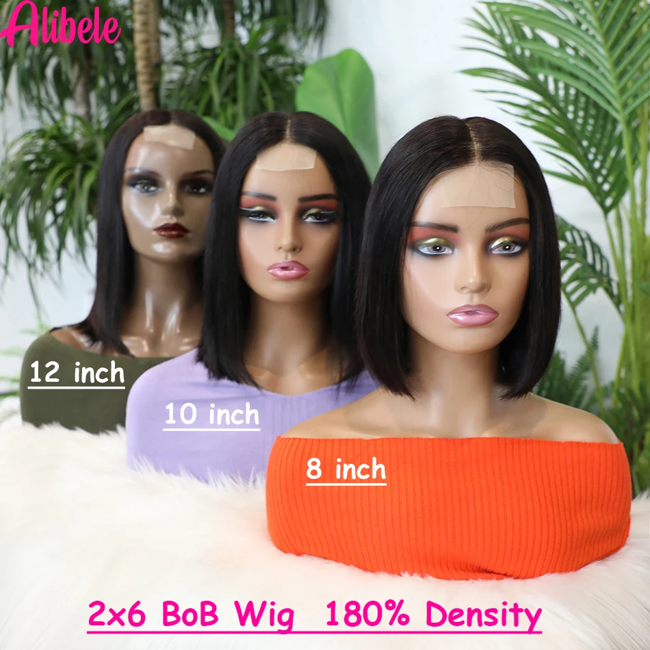 Alibele 2X6 Lace Closure Bob Wigs Long Deep Part Short Bob Wigs 180% Density Straight Human Hair Wigs Brazilian Wigs 8/10/12Inch