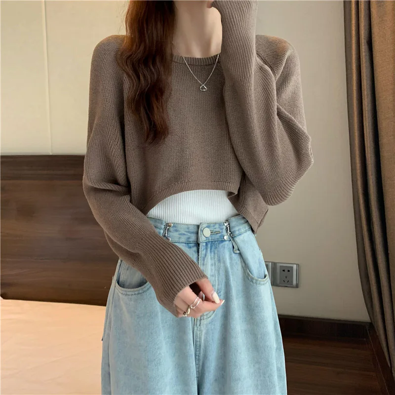 New Autumn Women Solid maglione o-collo maglione allentato Pullover Crop Top maglioni camicie Femme Knit Outwear Jumpers