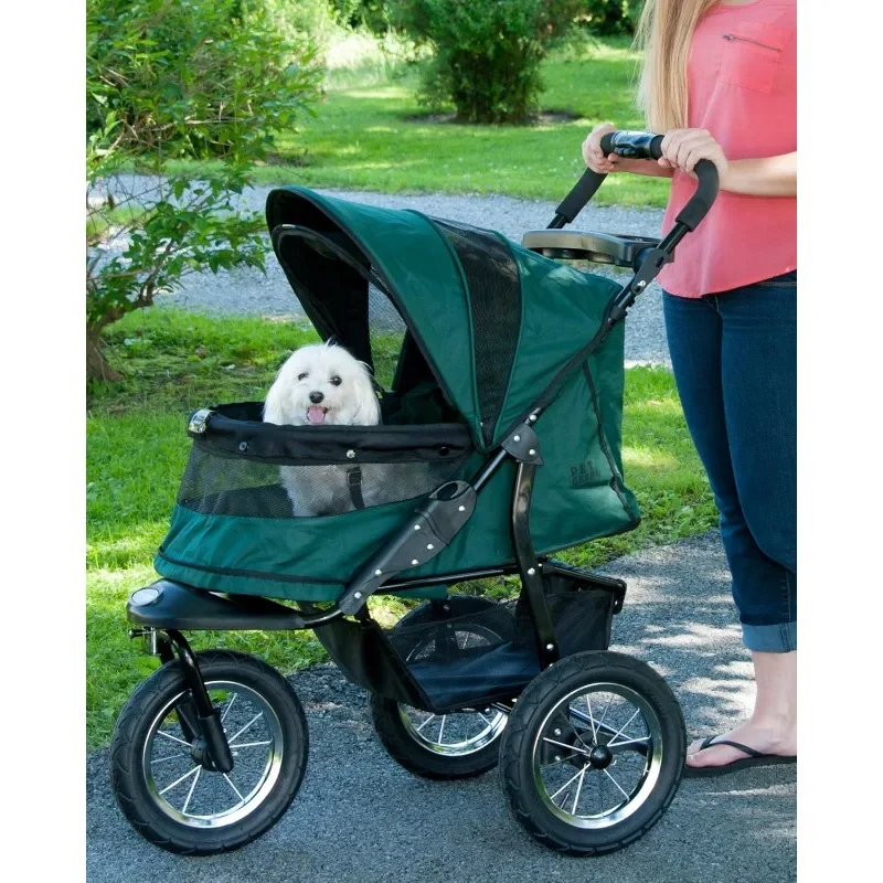 No-Zip Jogger Pet Stroller for Cats Dogs Zipperless Entry Airless Tires Easy One Hand Fold Cup Holder Storage Basket