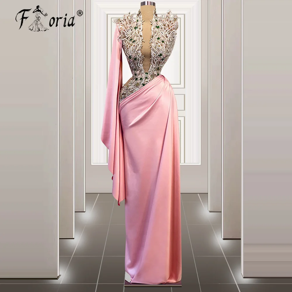 Luxus rosa arabische Abendkleider handgemachte Kristall perlen eine Schulter formelle Gelegenheit Kleid lange Ballkleid Saudi-Robe Soiree