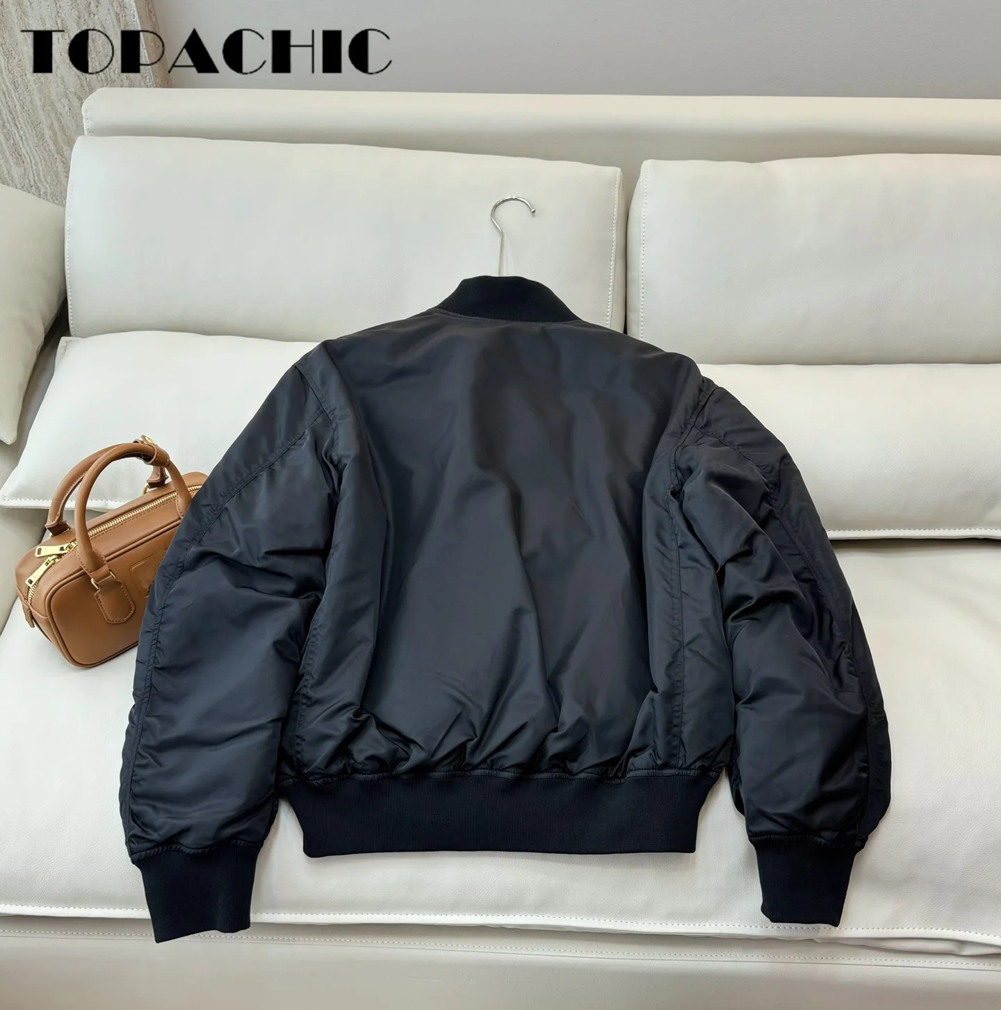 9.5 TOPACHIC-Women Letter Embroidery Down Zippper Jacket Stand Collar Spliced Ribbed Knit Hem Loose Thick Outerwear