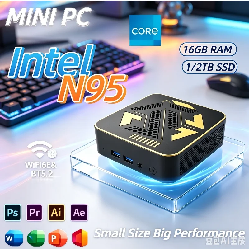 Portable Premium Mini PC Intel N95, 16GB RAM, 1TB SSD M.2 NVMe, WiFi 6, 4K Video Output, Small Desktop PC for Business & Gaming