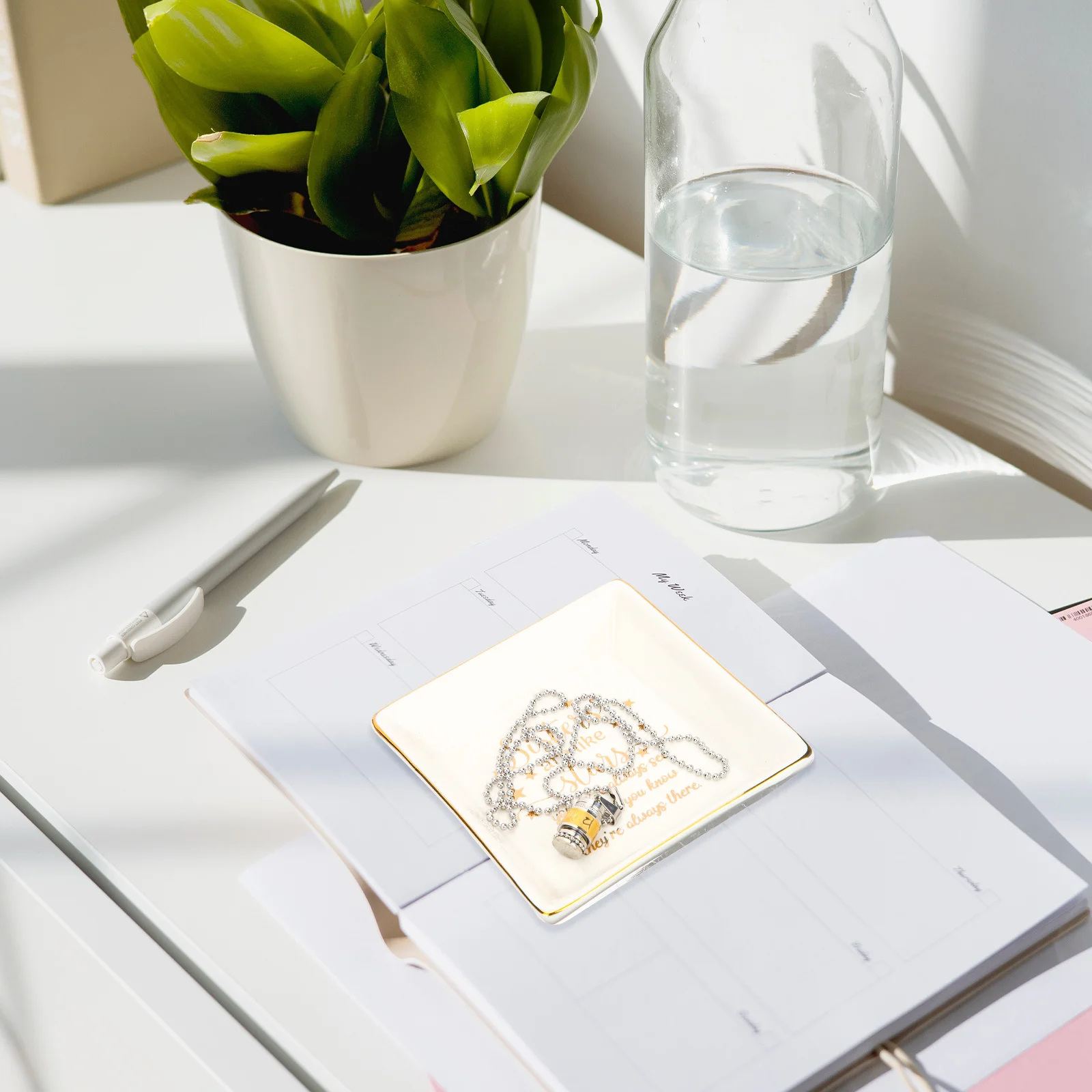 

Premium Ceramic Square Jewelry Dish with Gold Border for Rings Earrings Necklaces Bracelets Storage Trinket Display Tray Jewelry