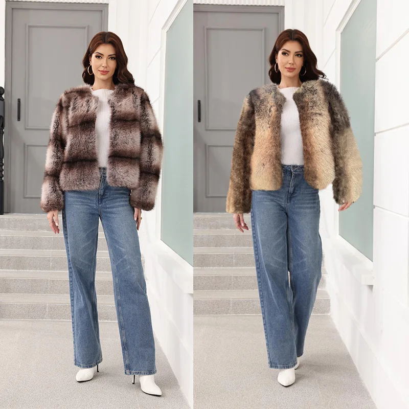 

Warm Thick Short Tops O-neck Long Sleeve Cardigan Design Luxury High Street Stripe Fur Coat Women Autumn Winter Faux Fur Jacket