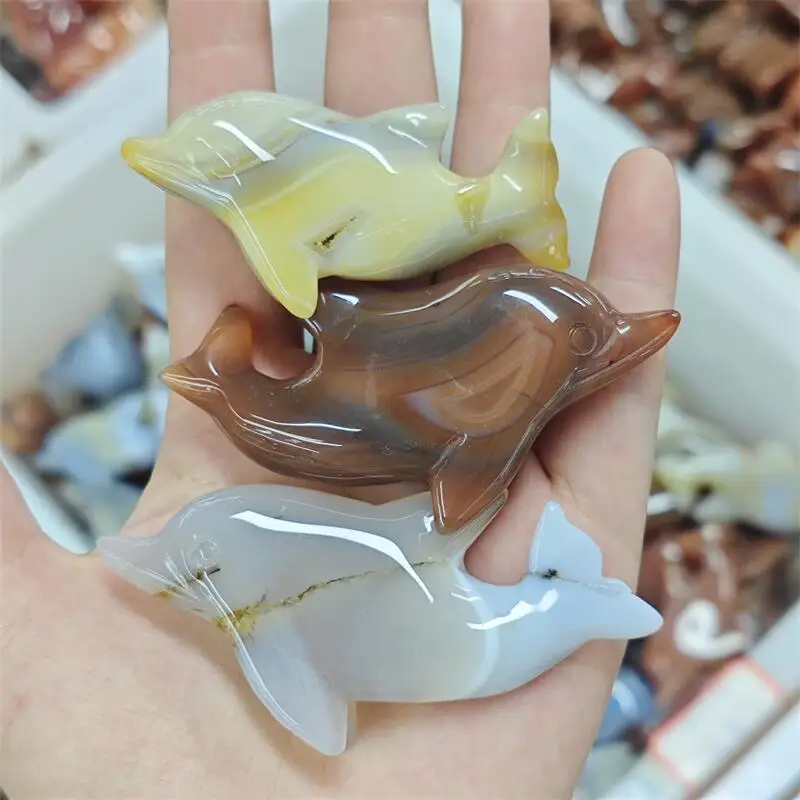 Natural Agate Dolphin Carving Craft Animal Crafts Feng Shui Home Decoration Stone Statues Gift 1PCS
