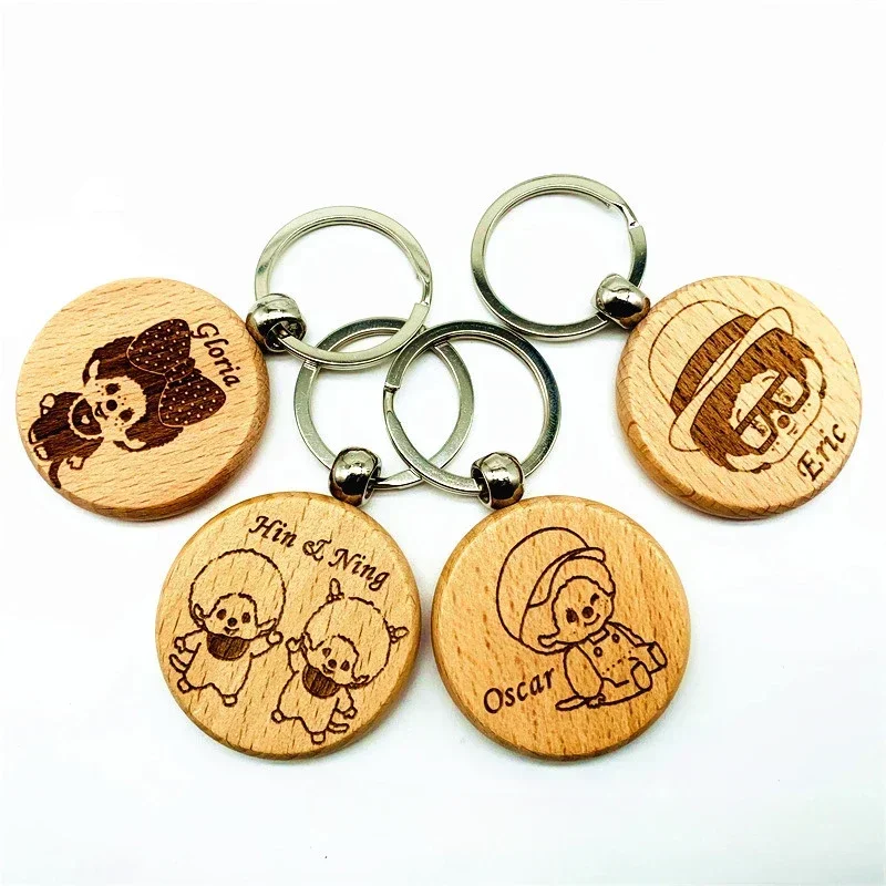 

Laser Engrave Logo Character Sketch Round Beech Solid Wood Keychain Custom Name Numbers Wooden Key Chain Personalize Keyring