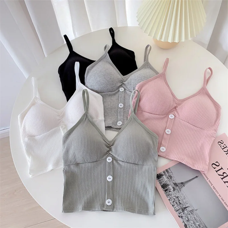 

New Tank Top Ribbed Halter Crop Tops Women Summer Camis Button Backless Camisole Fashion Knit Tube Lady Sleeveless Cropped Vest