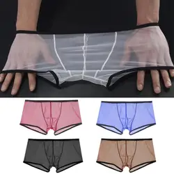 남성용 투명 복서, 큰 구멍, 로우 웨이스트 스트레치 메쉬 속옷, 통기성 솔리드 팬티, 반바지