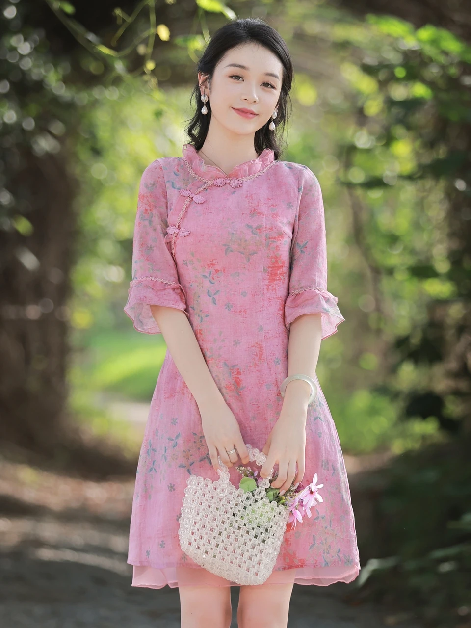 

Pink Firework Ironed Dress Traditional Chinese Style Women's Fashion Summer New Arrival Short Qipao Gown with Slant...