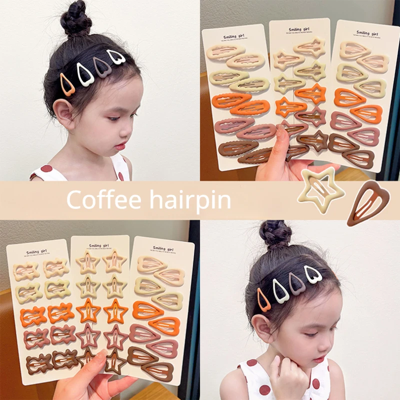 2023 New 3 Pcs/Box Children Cute Coffee Color Geometric Star Heart Hair Clips Baby Girls Sweet Hairpins Kids Hair Accessories