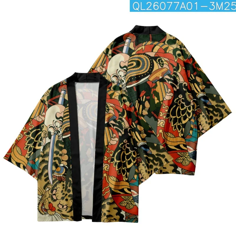 

Summer Japanese Loose Harajuku Skull Samurai Tiger Printed Kimono Cardigan Cropped Pants Women Men Cosplay Yukata