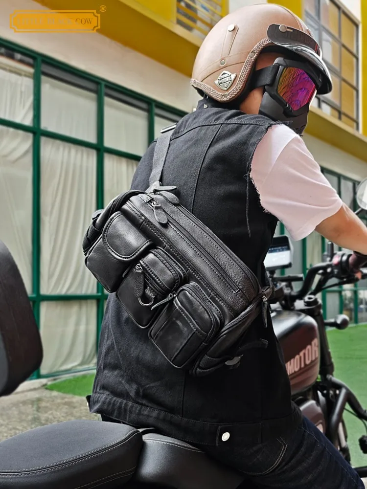 Men Zipper Cowskin Genuine Leather Single Shoulder Bag Multi Pocket Crossbody Bag High Street Versatile Male Motorcycle Riding