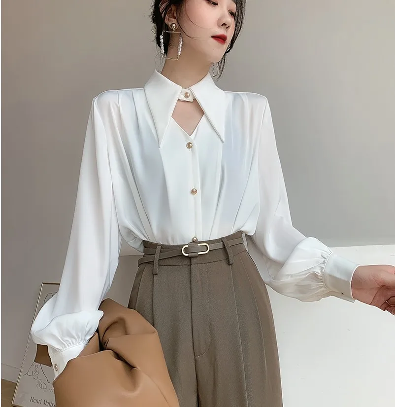 Women\'s Satin Shirt Spring Autumn Korean Temperament Long-sleeved Button-down Shirts Office Lady Work Wear Female Blouses Top