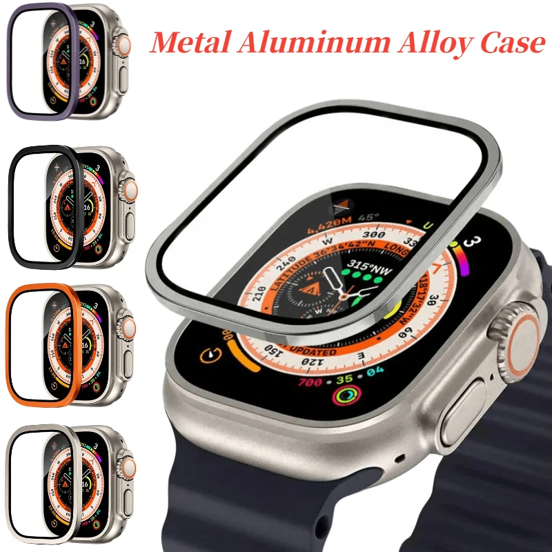 Metal Aluminum Alloy Case For Apple Watch Ultra 3 49mm Omnidirectional Protective Film Cover Frame+HD Tempered Glass Film Shell