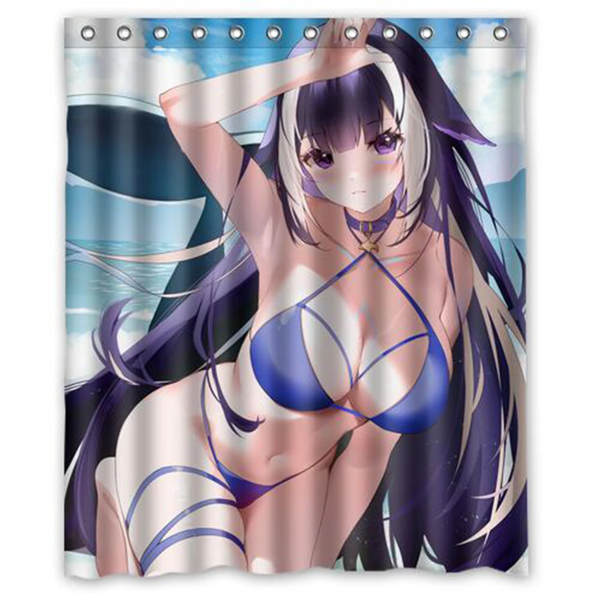 Anime White Hair Blue Eyes Orca Mask Lady Custom Shower Curtain 150x180cm For Bathroom