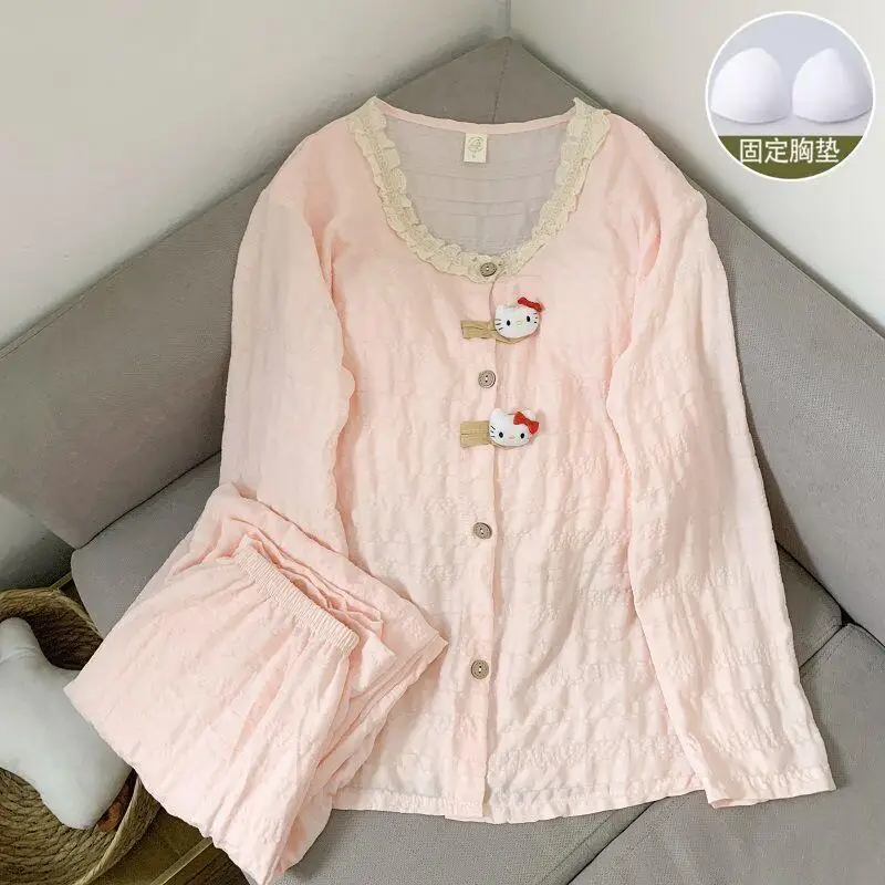 

Женский пижамный комплект Sanrio Hello Kitty с милым мультяшным дизайном и кружевом для дома, удобная домашняя одежда в девичьем стиле с брюками