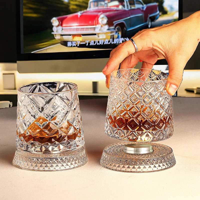 2026 New Whiskey Glasses Rotating Whisky Glass with Glass Base 360 Rotate Degrees Crystal Rum Glass for Cocktail Party Drinking