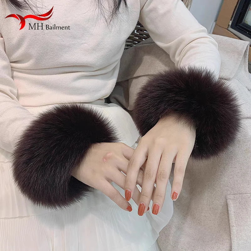 Women 100% Real Fox Fur Cuff  Winter Warm Fashion Natural Warmer Bracelet Winter Coat Fur  Glove Lady Patting Circle