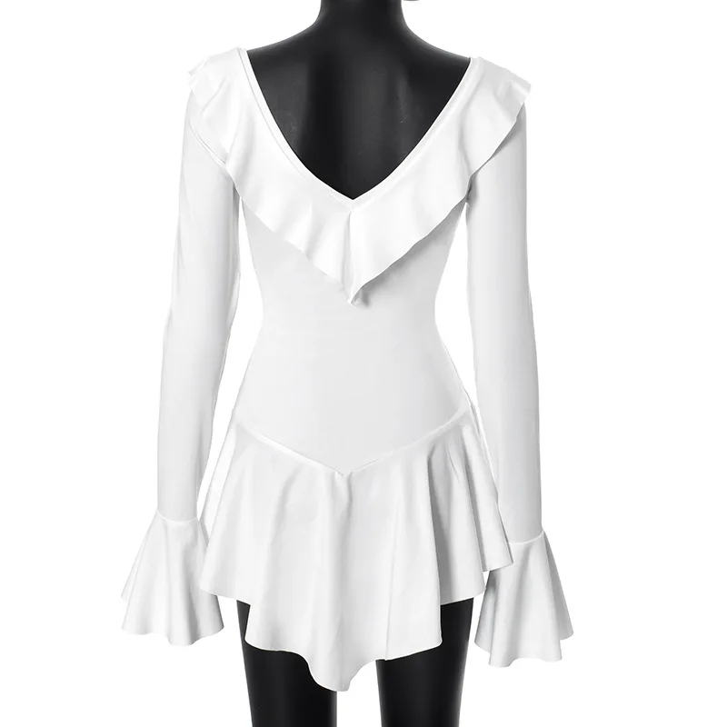 Glänzende gekräuselte Schnürung weißes Mini kleid Damen V-Ausschnitt Patchwork Langarm sexy schlanke Kleid Bandage elegante weibliche Sommerkleid – Detail 6