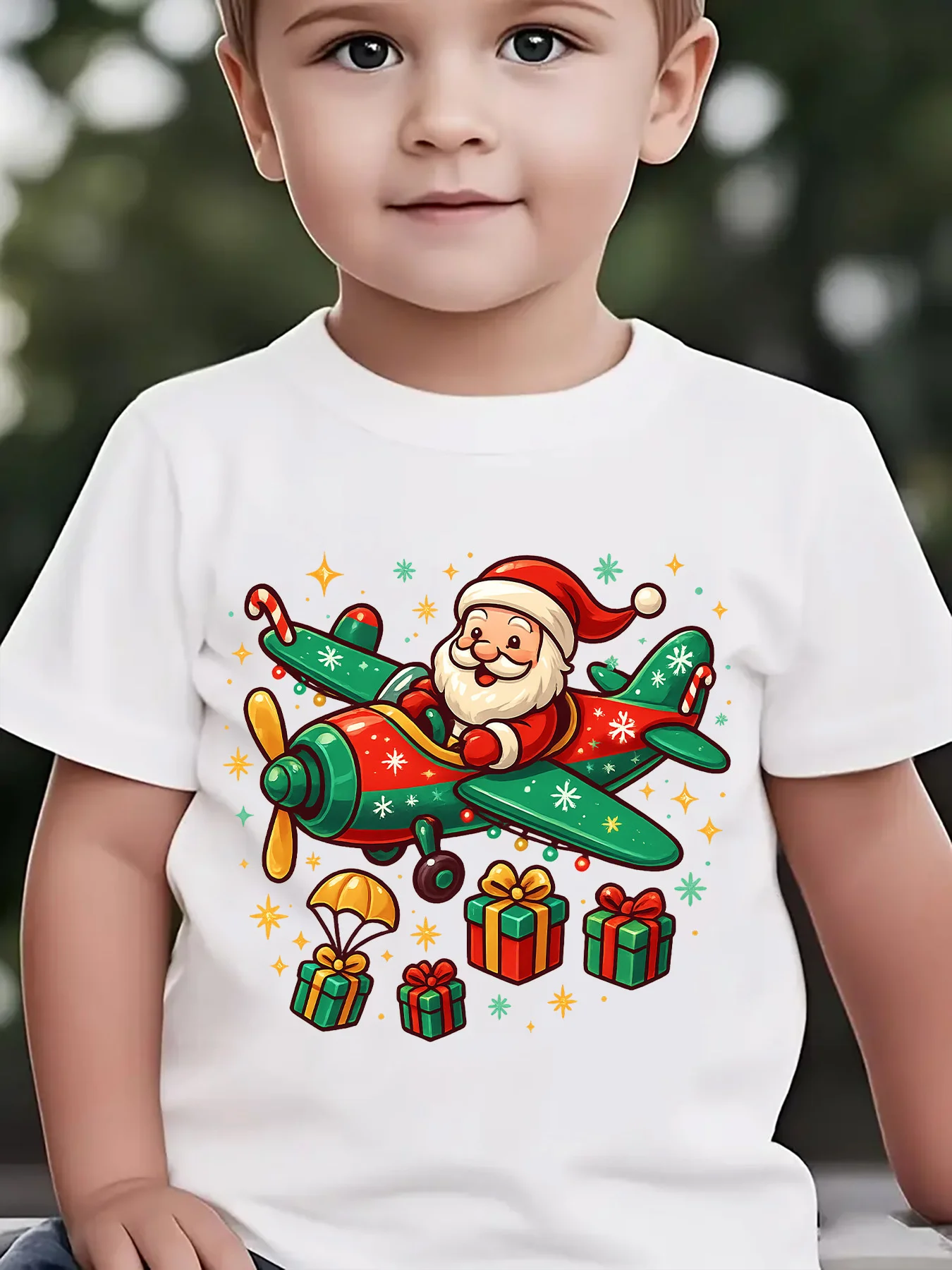 Kids Boys Girls Family Matching T Shirt Santa Airplane Christmas Gift Snowflake Graphic Print Short Sleeve Crew Neck Tee Tops