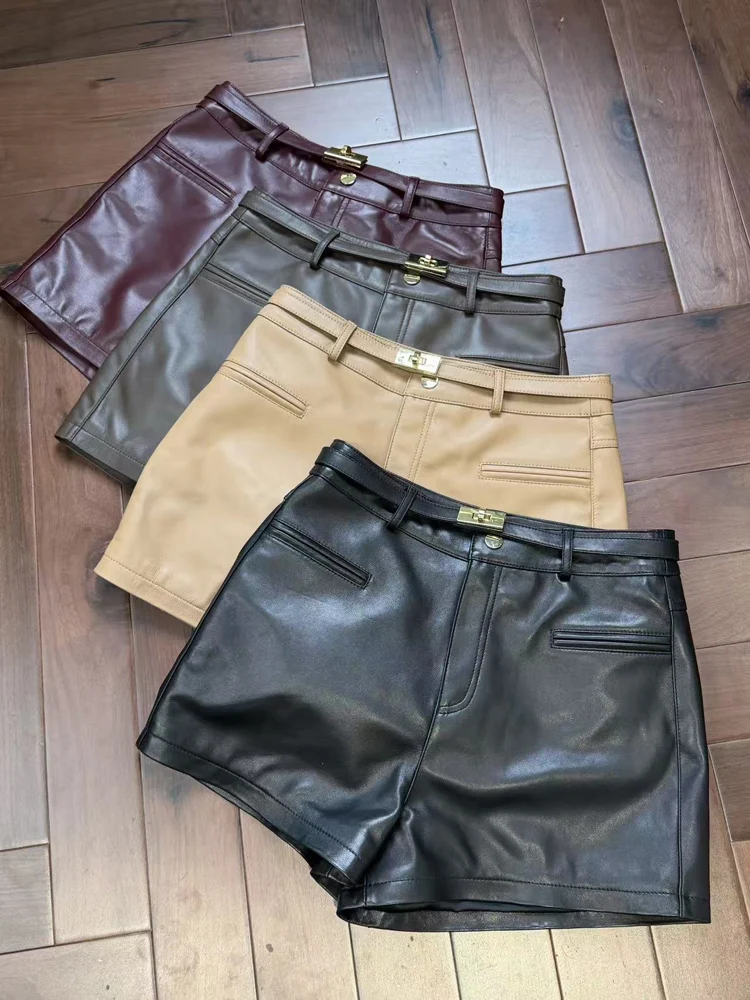 High Fashion Sheepskin Leather Hot Pants for Women Young Lady Retro Slim Fit Long Leg Versatile Shorts With Metal Buckle Belt