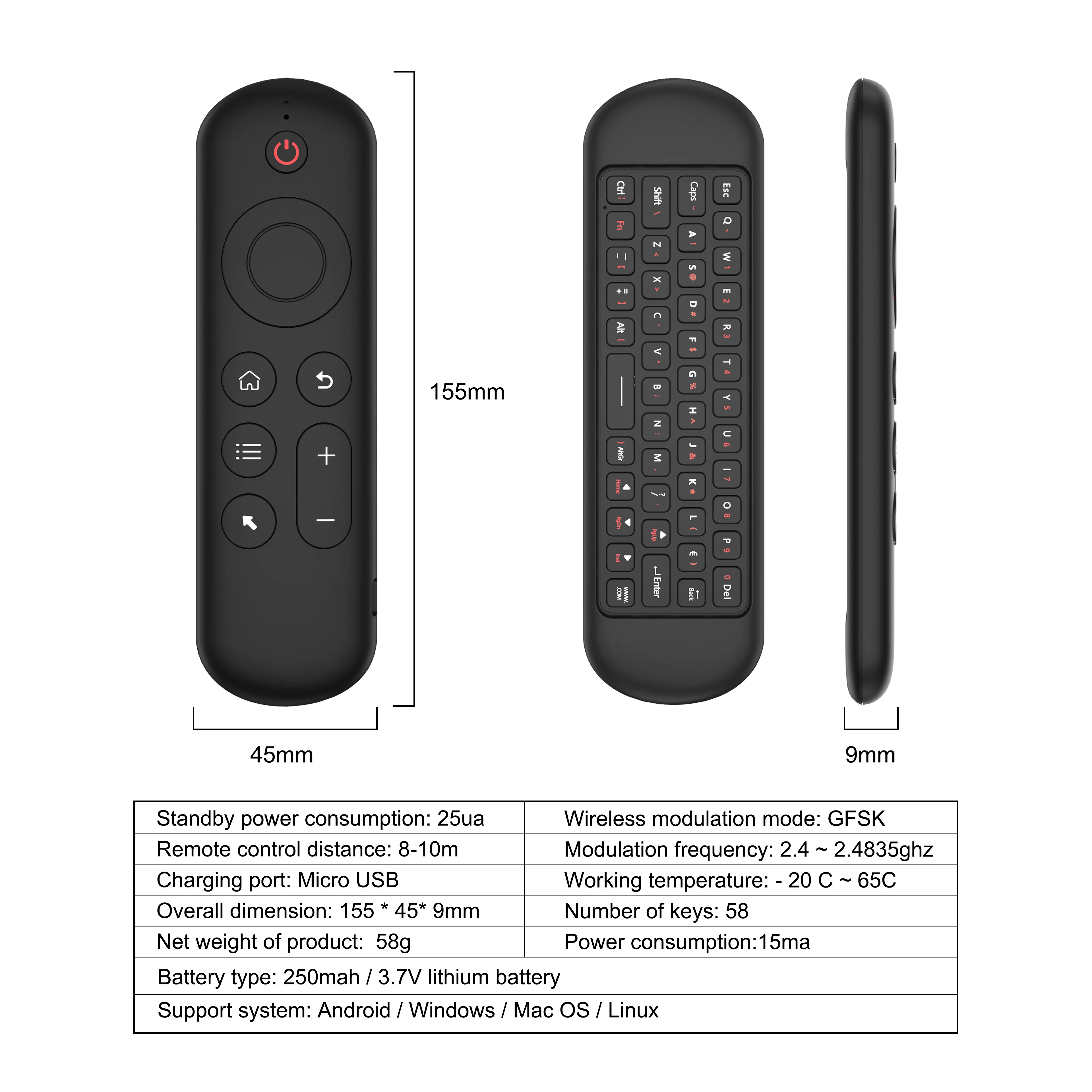 7 Colors Backlight 2.4G BT Remote Control Wireless Gyroscope Air Mouse USB Receiver Mini Keyboard for Android Smart TV Box PC